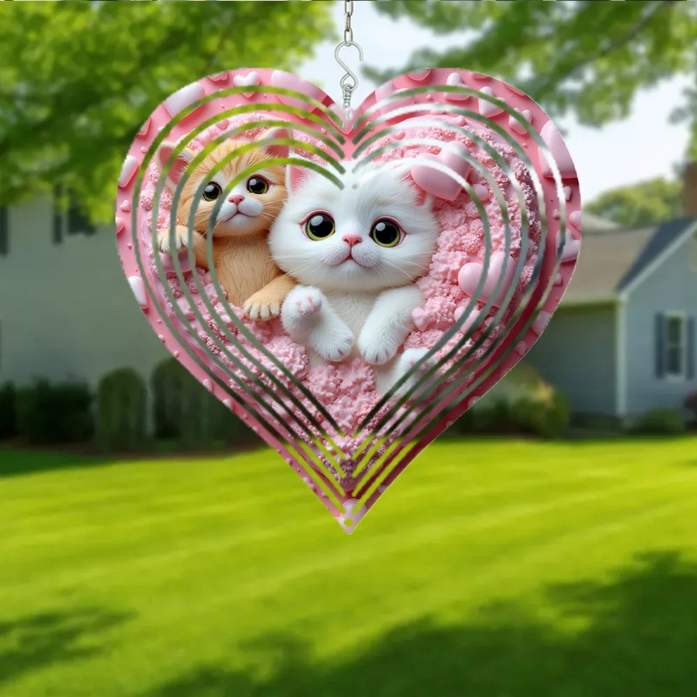 2D Flat - Two-Dimensional Flat Metal Wind Chime, Featuring a Delightful Pair of Cats with Expressive Eyes And Floating Hearts