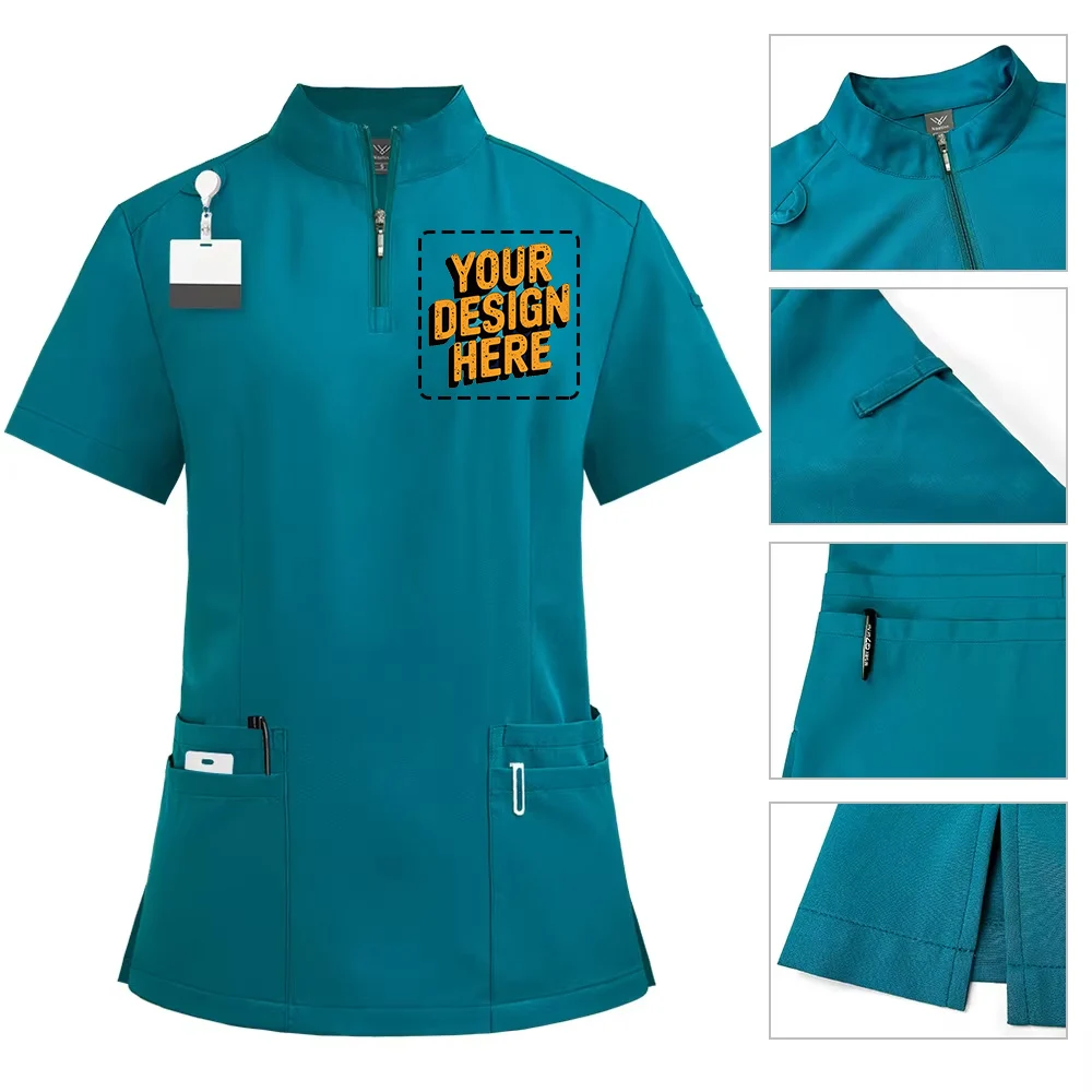 Vertical Collar Zipper Doctor Nurse Work Uniform Surgical Clothes Surgical Hand-washing Clothes Operating Free Print Logo