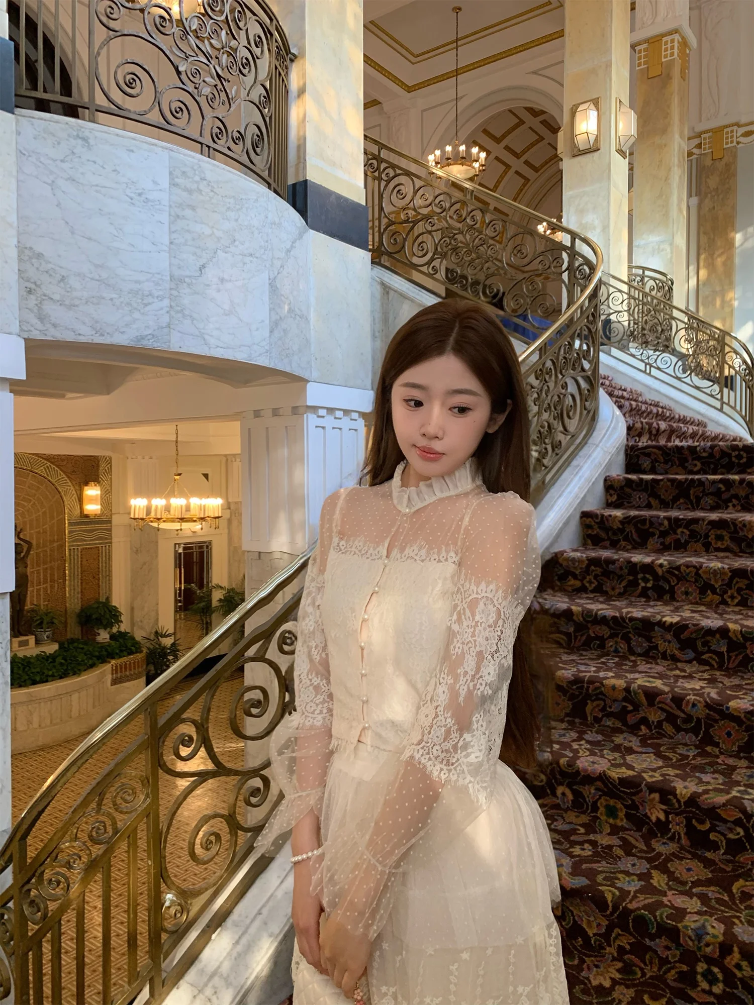 

OKJJ Women's Lace irt Spring New Sle High-End Sensation Small Stand Collar Chiffon Gown Wooden Ear French Sle Long...