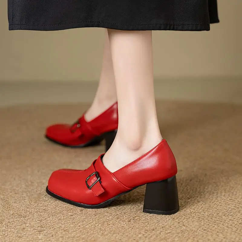 Girseaby Vintage Women Pumps Square Toe Block Heels Slip On Belt Buckle Plus Size 45 46 47 Soft Fashion New Design Summer Shoes