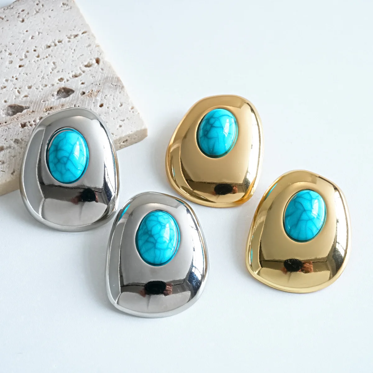 Turquoise Color Oval Resin Stud Earrings Women Retro Bohomian Statement Smooth Metal Bean-shaped Geometric Ear Studs Jewelry K