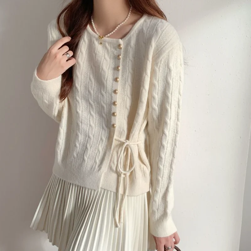 

Модный мягкий вязаный кардиган с узором косы из смесового хлопка для женщин, весенне-осенний, удобный, свободного кроя, повседневный, хлопковый вязаный свитер