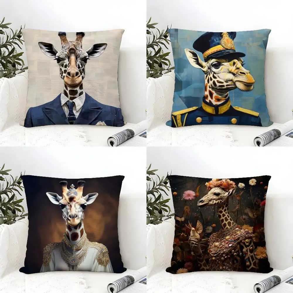 Retro Dressed Up Giraffe Cushion Cover Eco Linen Pillow Case Double-Sided Print Breathable Durable Zipper Home Decor Gift
