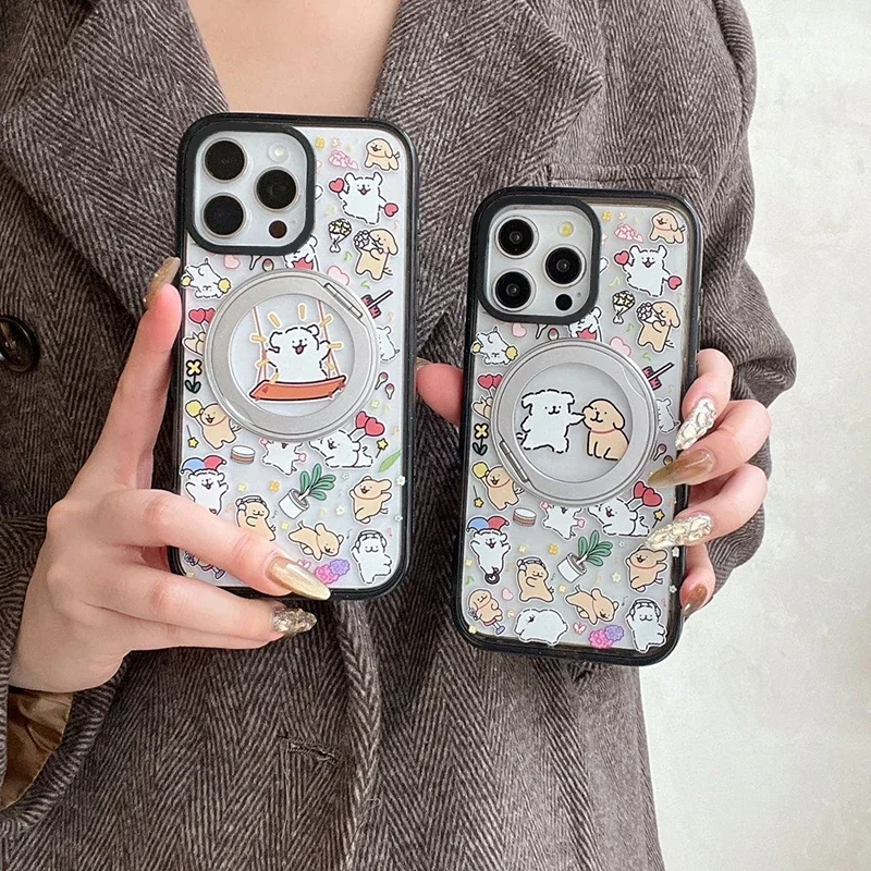 Cartoon Dog Friend Rotating Stand Black Border Phone Case Cover for IPhone 14 15 16 Pro Max Case