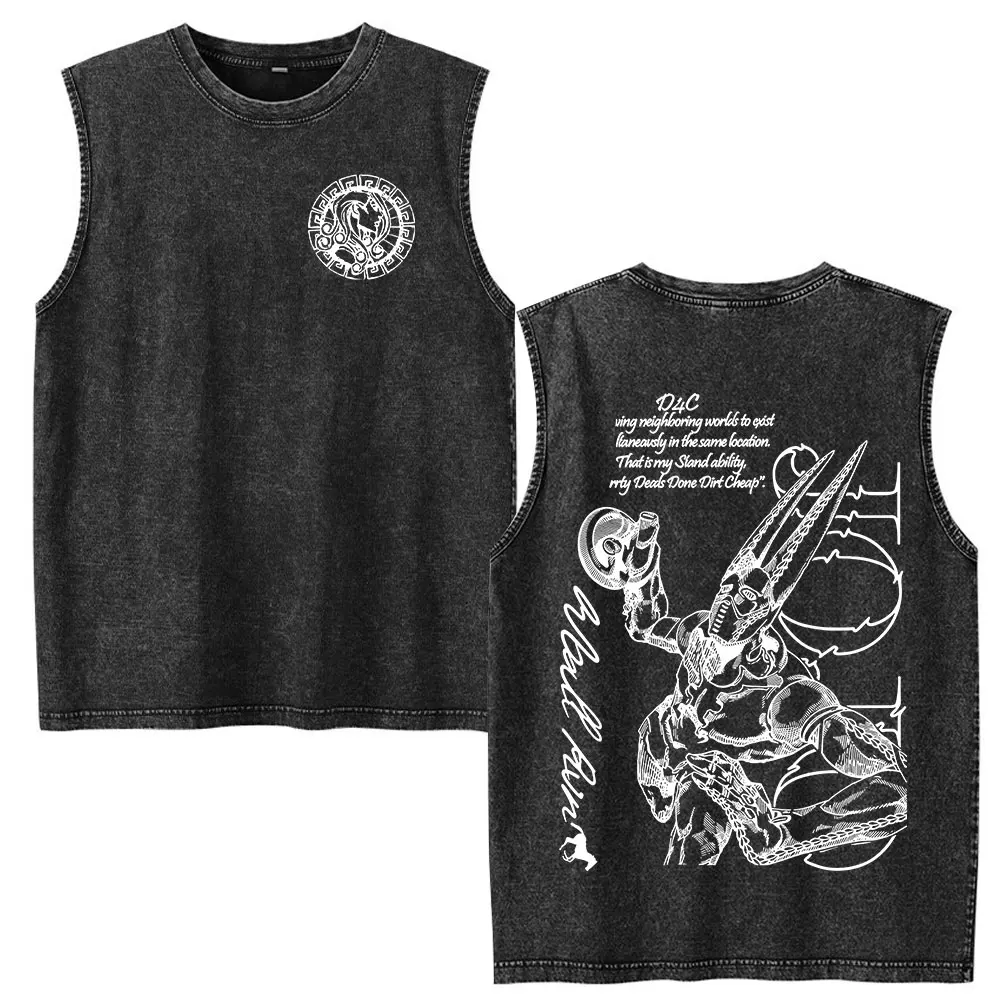 Anime JoJo Bizarre Adventure Kujo Jotaro Vintage Washed Tank Tops Men Women Clothing Cotton Sleeveless Vest T-shirts Streetwear view 5