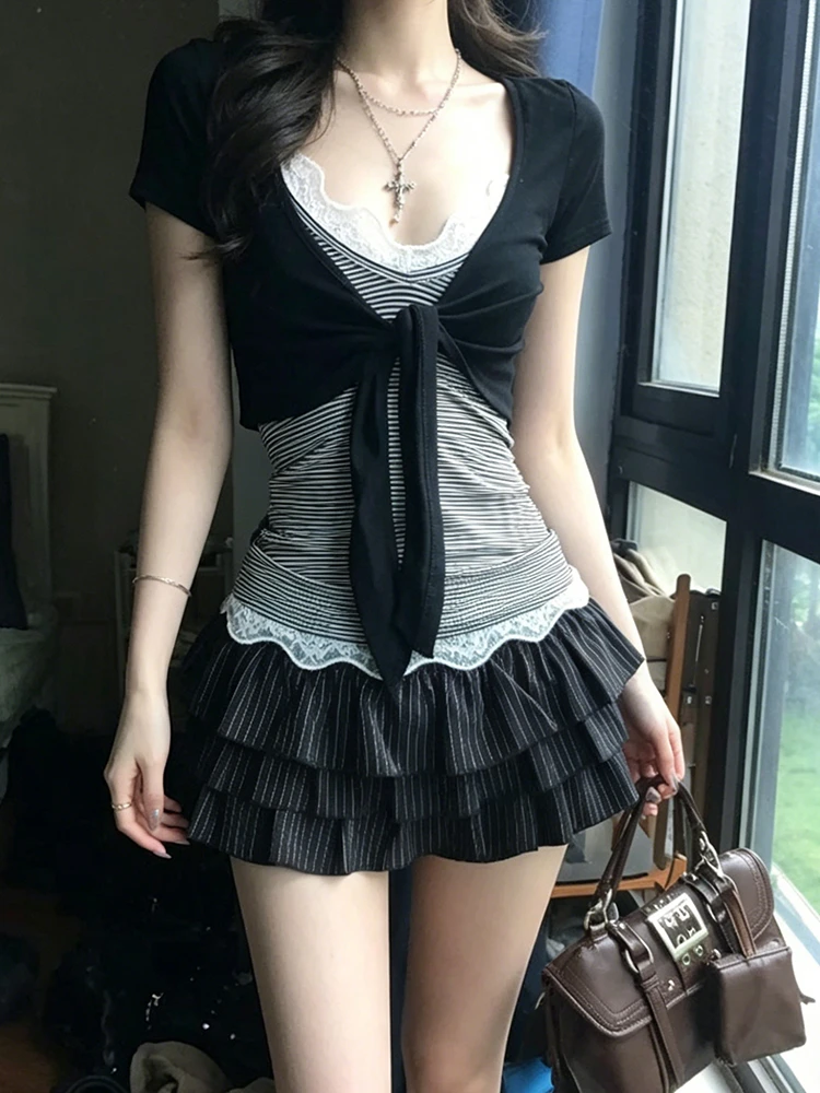 Genayooa Japanische Y2k Zweiteilige Oberteile für Damen, kurzärmelig, schmal geschnitten, mit Schnürung, gestreift, Camis-Tops, koreanischer Stil, T-Shirts, Fairycore – Detail 10