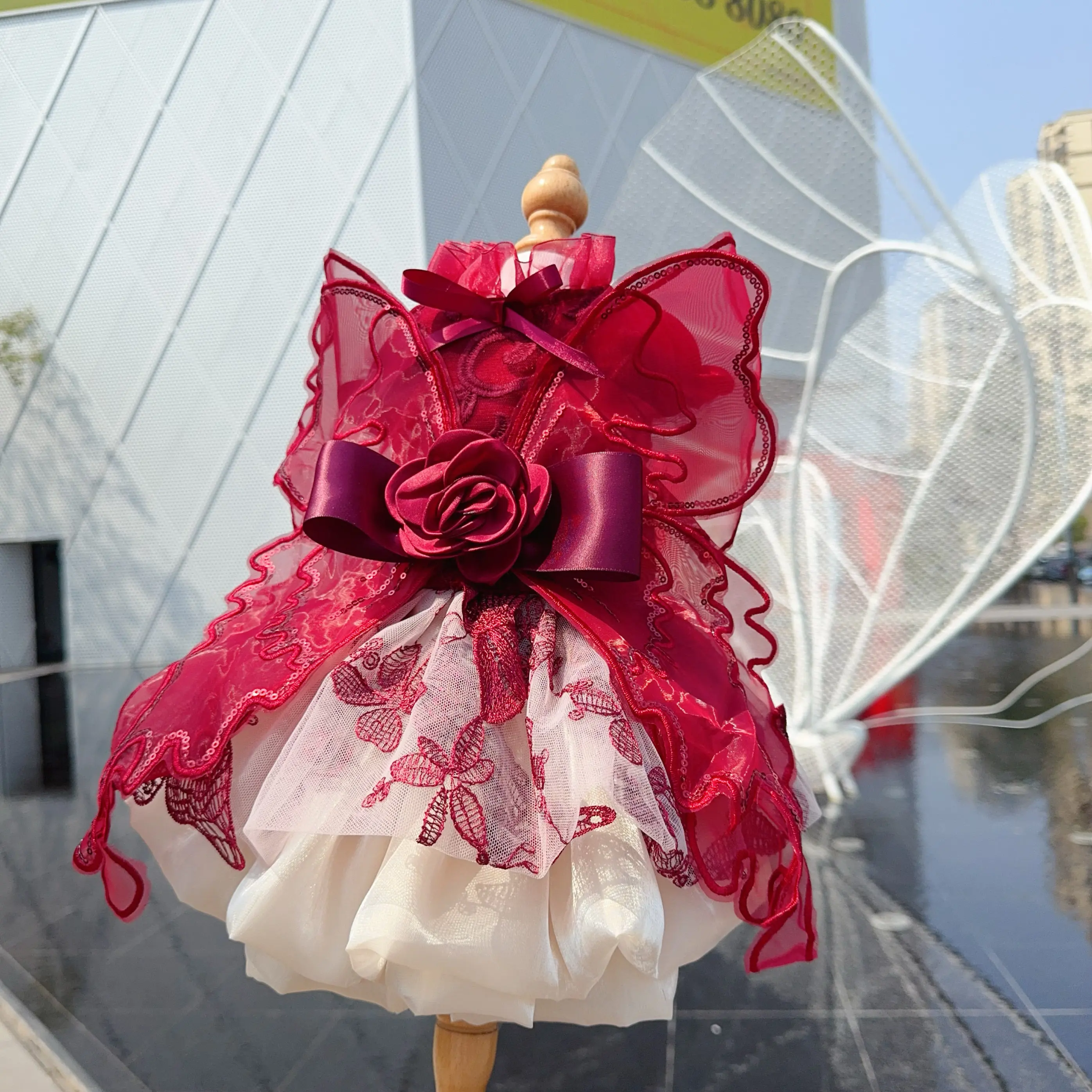 Luxury Wine Red Princess Dress for Small Medium Dogs Handmade Lace Flower Butterfly Wing Bow Outfit Poodle Puppy Clothes