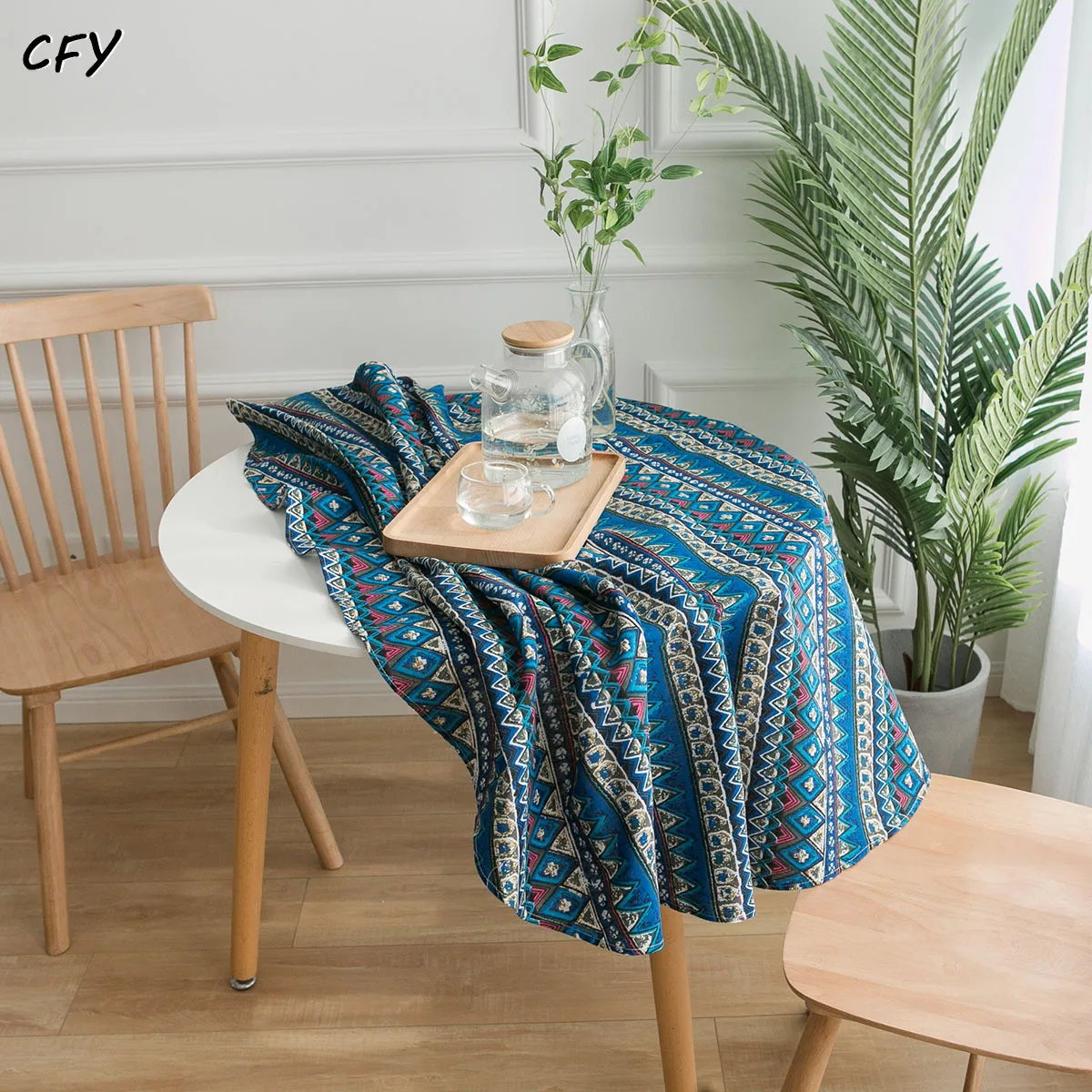 

Cotton and Linen Blue Geometric Printed Dining Round Table Cover Chicken Table Cloth Tea Table Cloth Circular Tablecloth