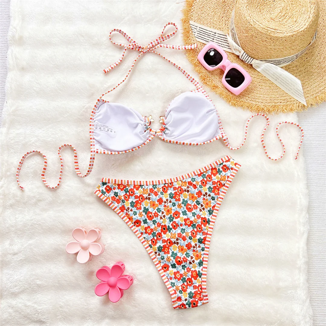 Blumenmuster, Neckholder-Bikini, zweiteiliger Badeanzug für Damen, gepolstert, Badebekleidung, Badeanzug, Modell V6927. – Detail 6