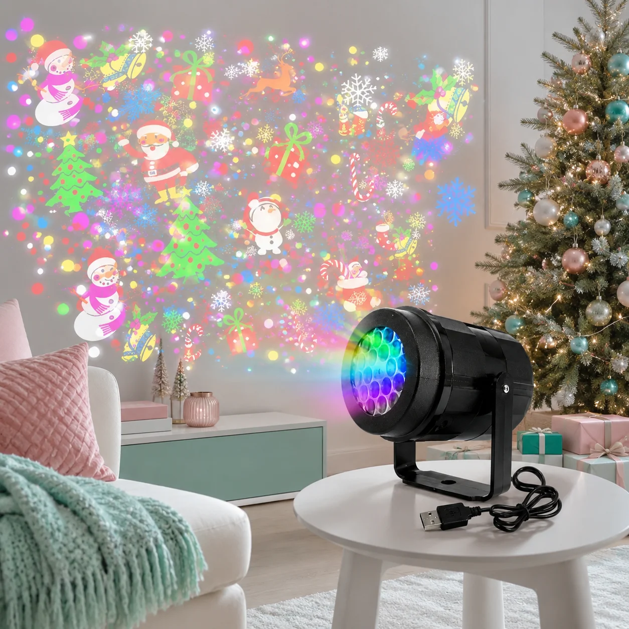 16 Patterns Christmas Projector Light USB LED Rotating Snowflake Santa Projection Lamp for Xmas Home Garden Holiday Party Decor