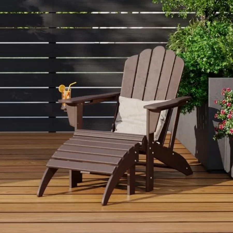 Lakeview Outdoor Patio HDPE Adirondack Chair with Ottoman and Cup Holder Set: weather-resistant, beige, UV-stabilized for long-