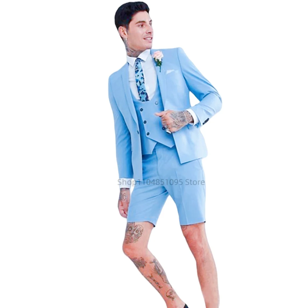 

Light Blue Blazer Vest with Short Pants Summer Men's Suits Set Shawl Lapel Blazer Dinner Party Wear 3 PCS Wedding Men Clothing