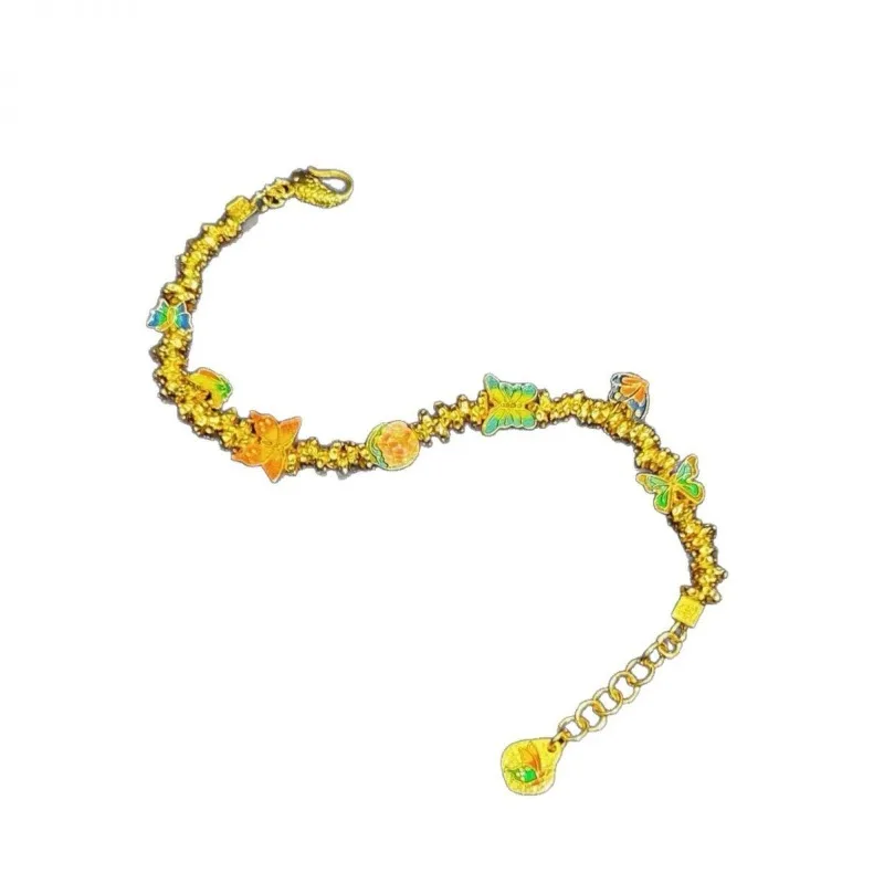 Gold Plated Enamel Coiled Bracelet with Lotus and Butterfly for Women New Chinese Style Continuous Fortune Floral Romance Gift