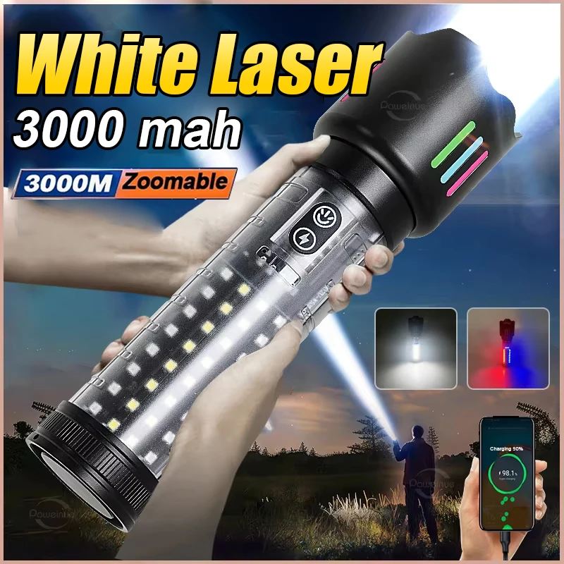 

White Laser Super Long Range Flashlight USB Rechargeable Led Flashlight Strong Lamp Ultra Powerful Torch Outdoor Camping Fishing