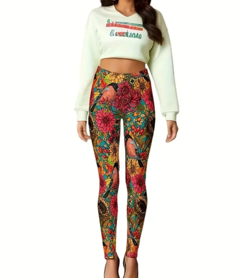 Flower and bird print Rest tight stretch elastic waist comfortable slim fit work daily travel Wearing women\'s leggings