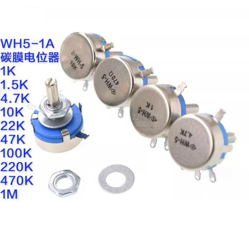 

2PCS WH5-1A 1k 2k 10k 47k 4k7 470r 100k 470k 220k 1k5 22k 1m ohm 3-Terminals Round Shaft Rotary Taper Carbon Potentiometer WH5