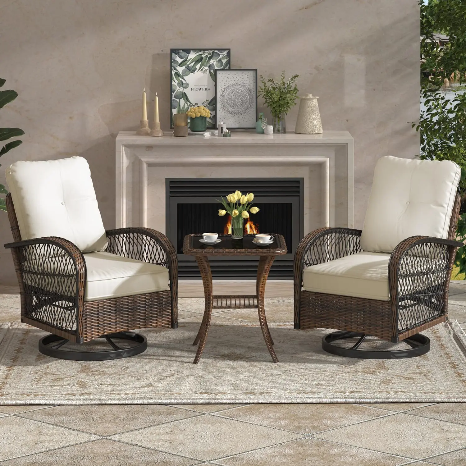 Outdoor Swivel Rocker Wicker Patio Bistro Set With Thickened Cushions & Glass Coffee Table For Backyard Garden, Customized