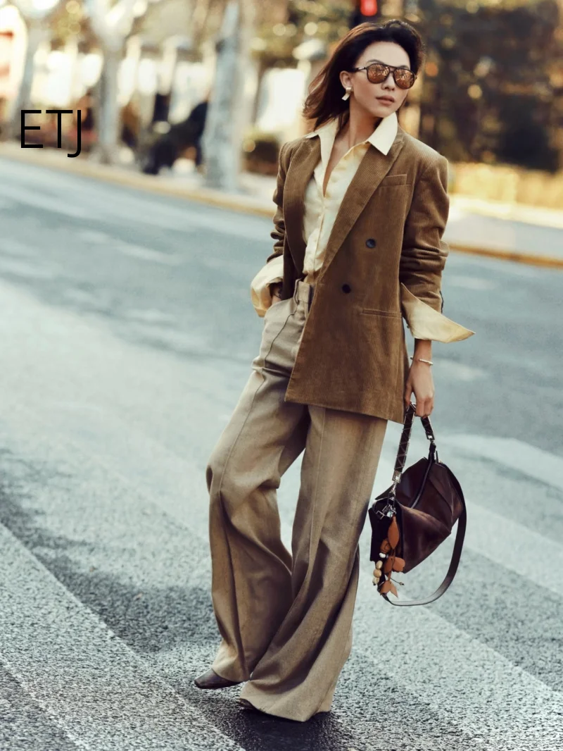 ETJ Women Corduroy Blazer Double Breasted Oversized Fit Relaxed Style Office Work Fashion Jacket 2026