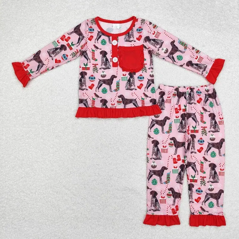 

10.10y Wholesale baby girls' bamboo Christmas tree gift puppy red pocket pink long-sleeved long pants pajamas set