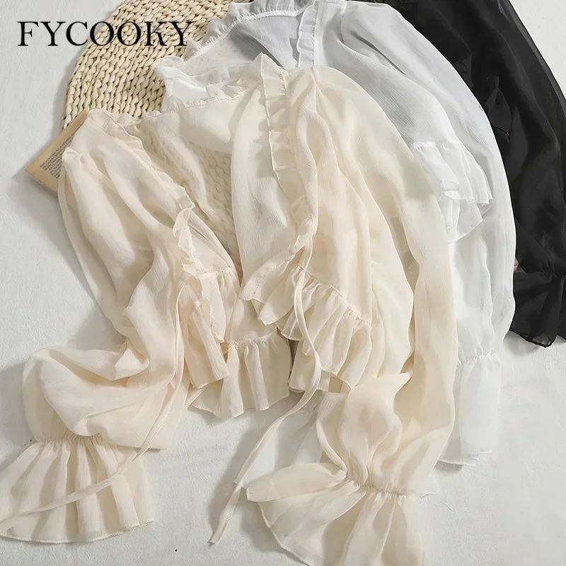 Chemise en mousseline de soie à volants pour femme, cardigans à col en V, manches évasées froncées, crème solaire, solide, mince, doux, été, 2025