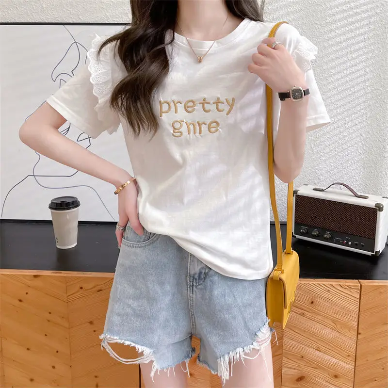 

2023 New Summer Fashion Simple Round Neck Letter Embroidery Lace Lace Loose Relaxed Solid Color Versatile Women's T-shirt