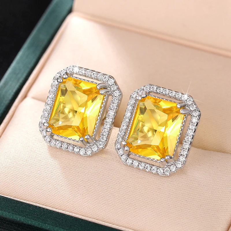 Huitan Square Yellow Cubic Zirconia Stud Earrings for Women Bright Earrings Wedding Party Temperament Elegant Female Accessories