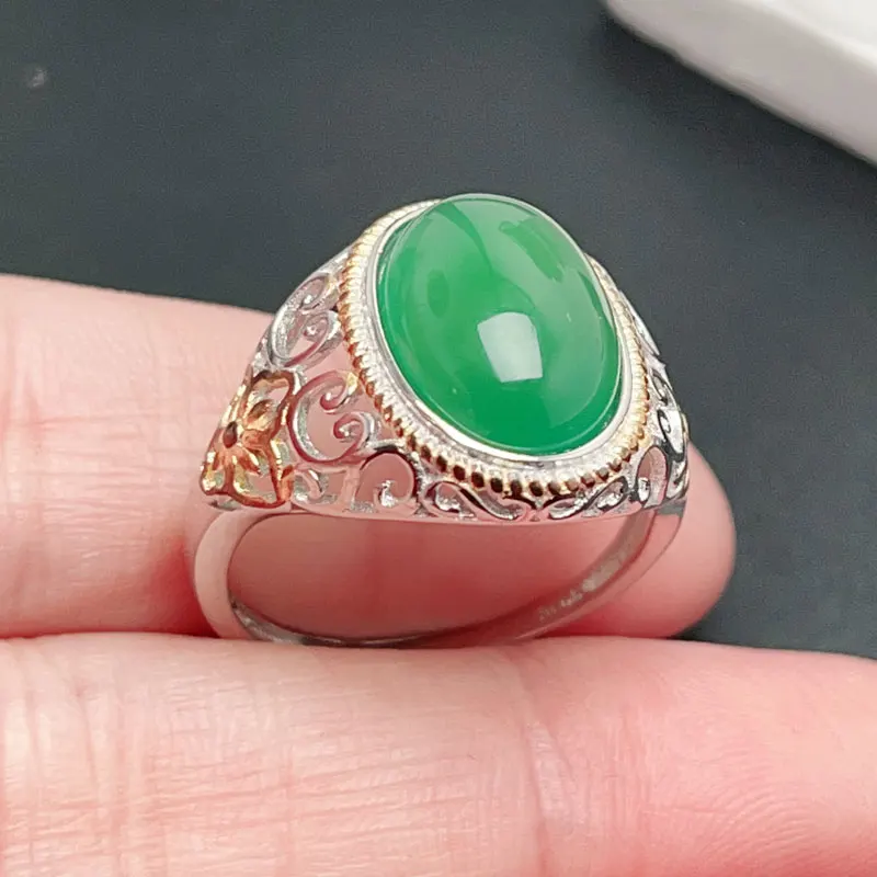 Chinese Style Green Chalcedony Ring for Men 10mm*14mm 6ct Natural Chalcedony Silver Ring with 3 Layers Gold Plated Keep Shining