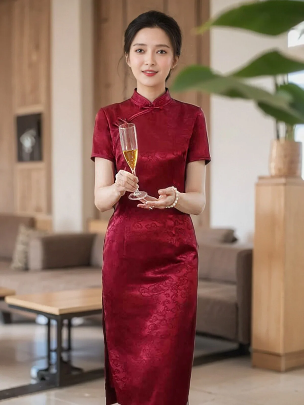 

Красное атласное свадебное платье для молодой мамы в винтажном стиле, средней длины, с низким разрезом, коротким рукавом, для повседневной носки