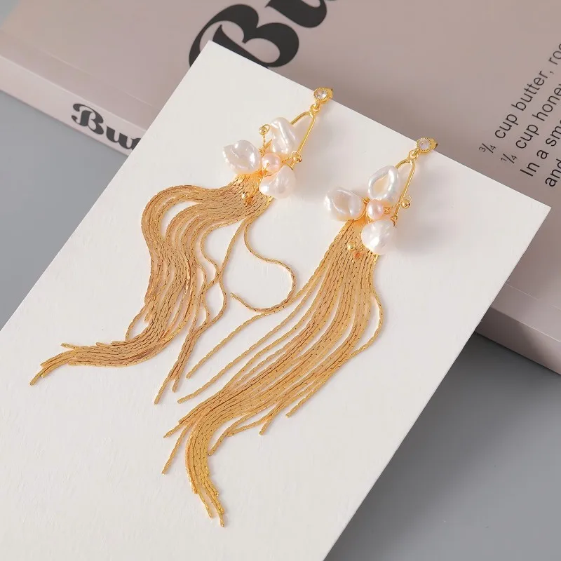 Pearl earrings High fashion sense Tassel long sty Korean style Fashionable Handmade jewelry Baroque natural freshwater pearls