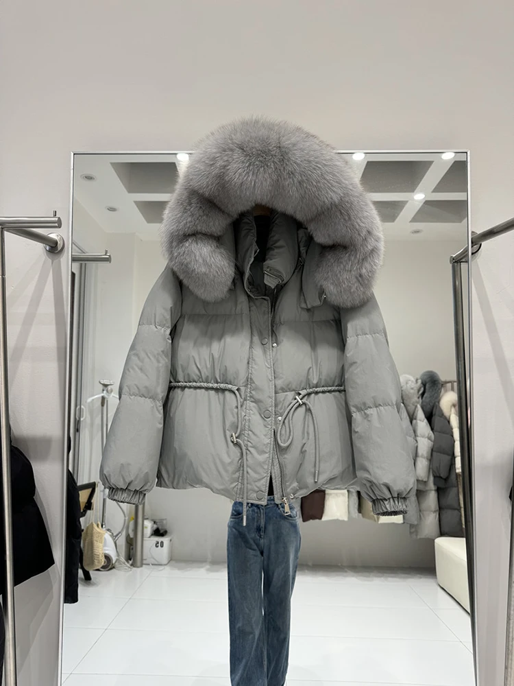 2025 Winter New Korean Version Fox Big Hair Collar Down Jacket Women's Short Style Loose Waist Cincined Thick Coat Trendy