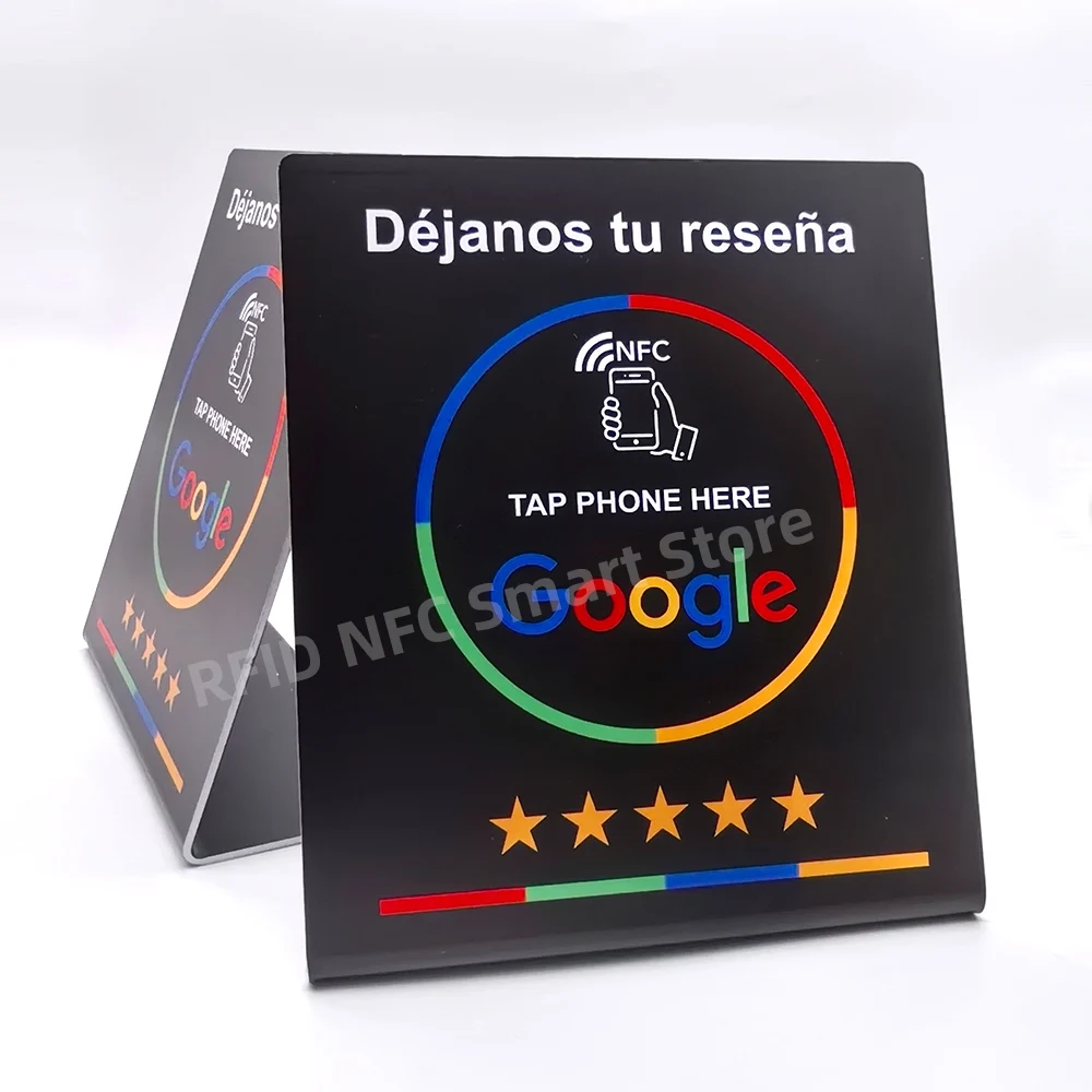 Déjanos tu reseña NFC Google Review NFC Stand Display Table Display URL Writing Social Media Business Review Card
