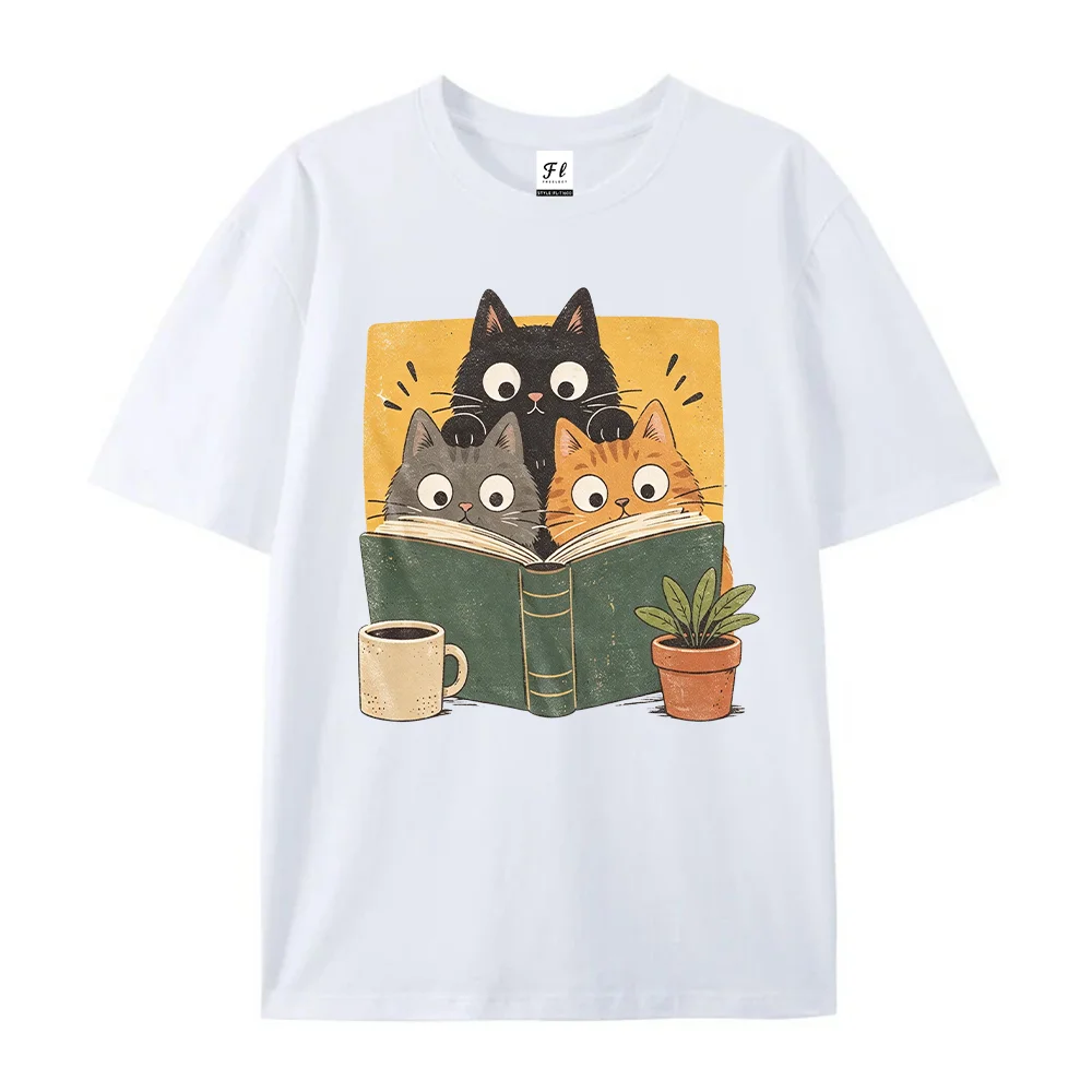 Womens Cats Reading Graphic T Shirts Book Lover Print Short Sleeve Casual Summer Cotton Tee Tops