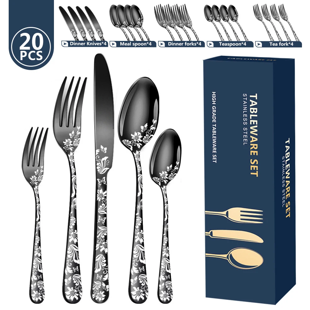 

20Pcs Carving Patterns Stainless Steel Cutlery Set Western Steak Dinnerware Set Knife Fork Spoon Set Engraved Tableware Sets New