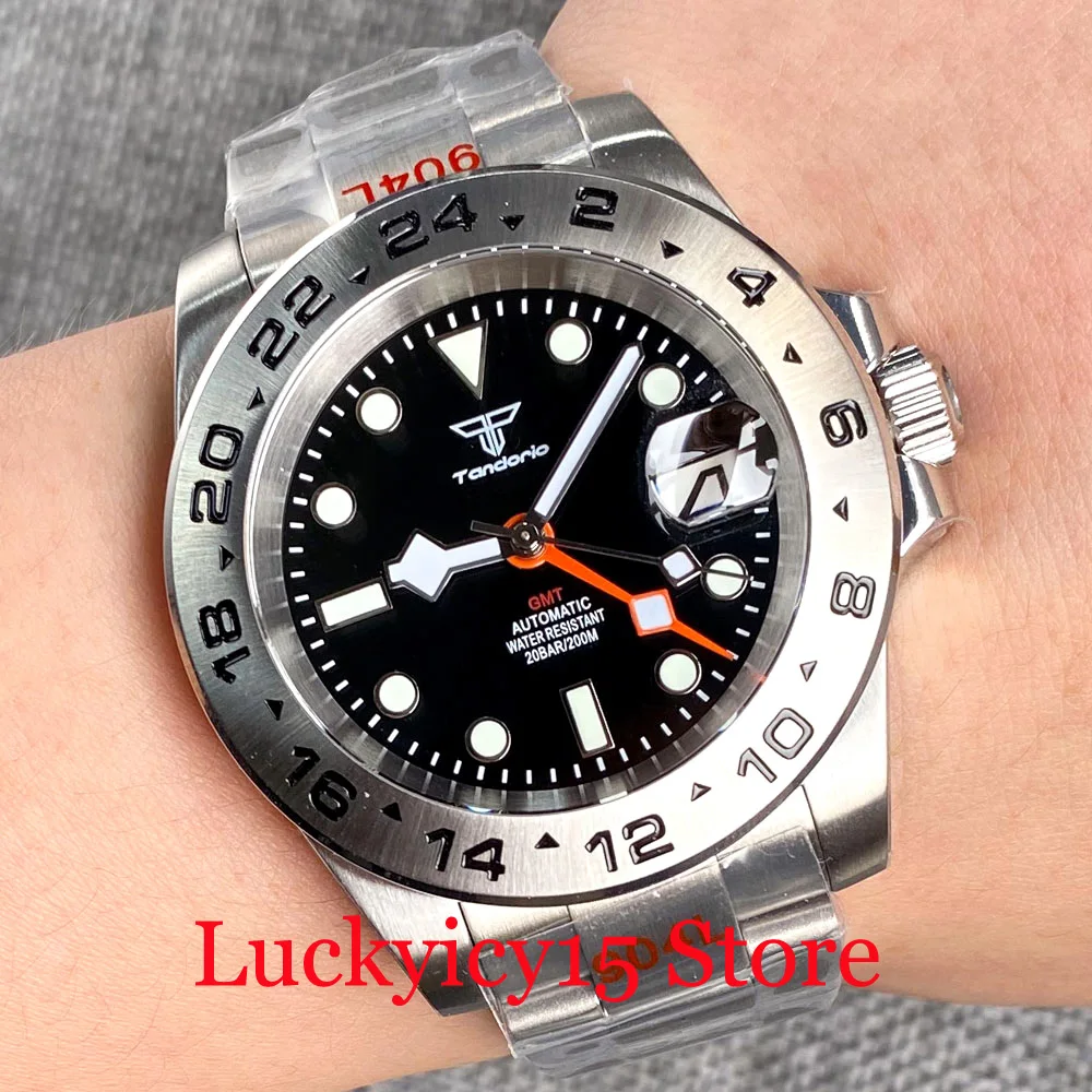 Tandorio 39MM Fluted Bezel Black Dial With Snowflake Hands GMT NH34A Automatic Men Watch Screwdown Crown Brushed/Jubliee Strap