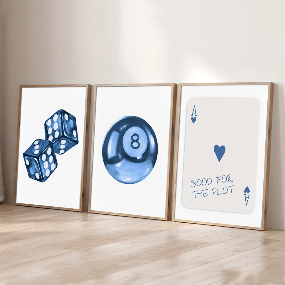 Set of 3 Unframed Blue 8 Pool Ball Dice Y2K Preppy Art Trendy Poster Aesthetic Coquette Girly Room Decor Funky Painting Canvas