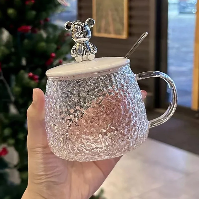 

Hammered Bear Glass Cup Coffee Cup Simple Ins Style Female Water Cup With Handle With Lid Breakfast Cup Transparent Tea Cup