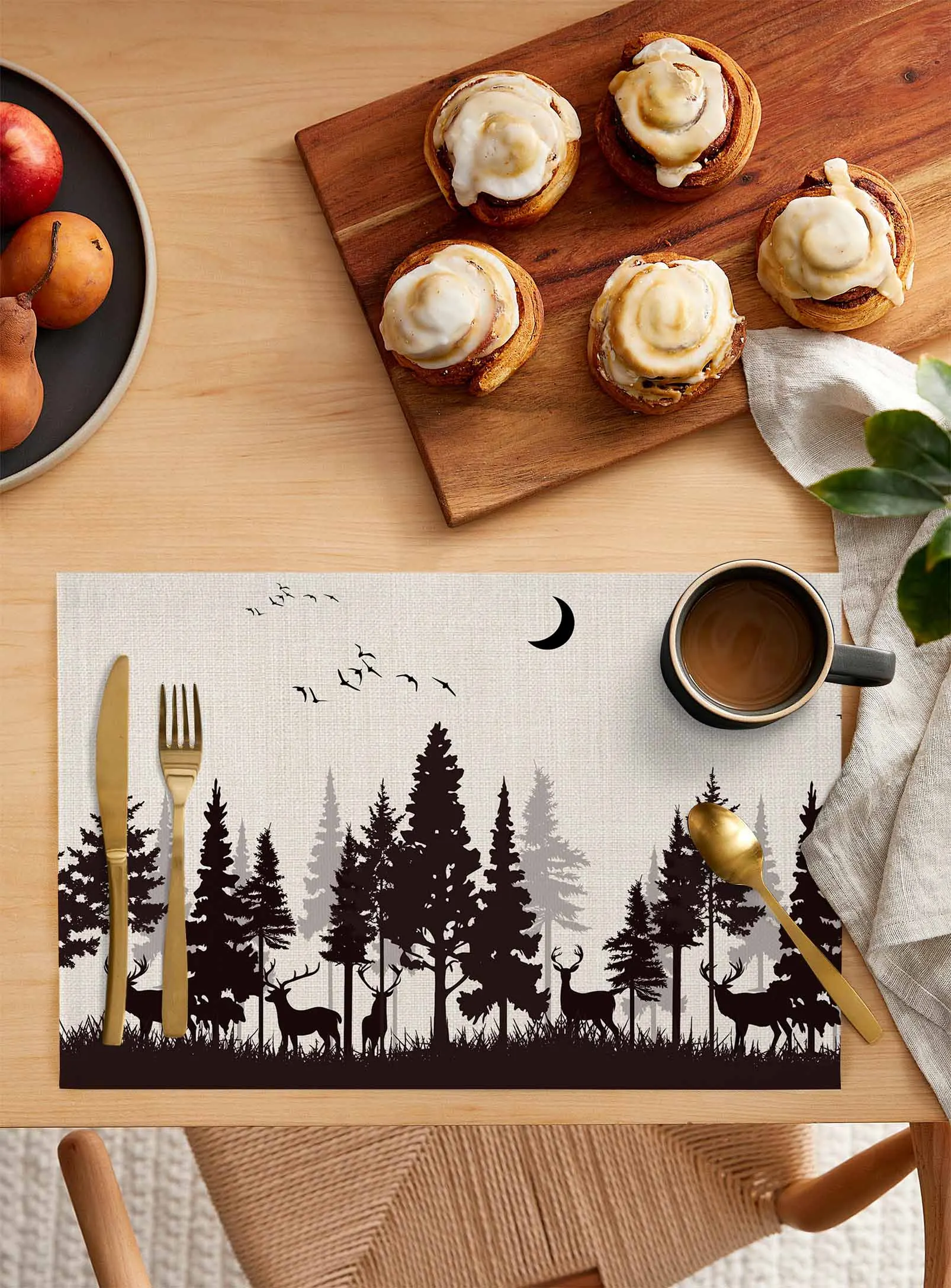 4/6 Pcs Forest Silhouette Deer Animal Bird Nature Placemat Kitchen Placemat Home Decoration Dining Table Mats Coffee Coaster Mat