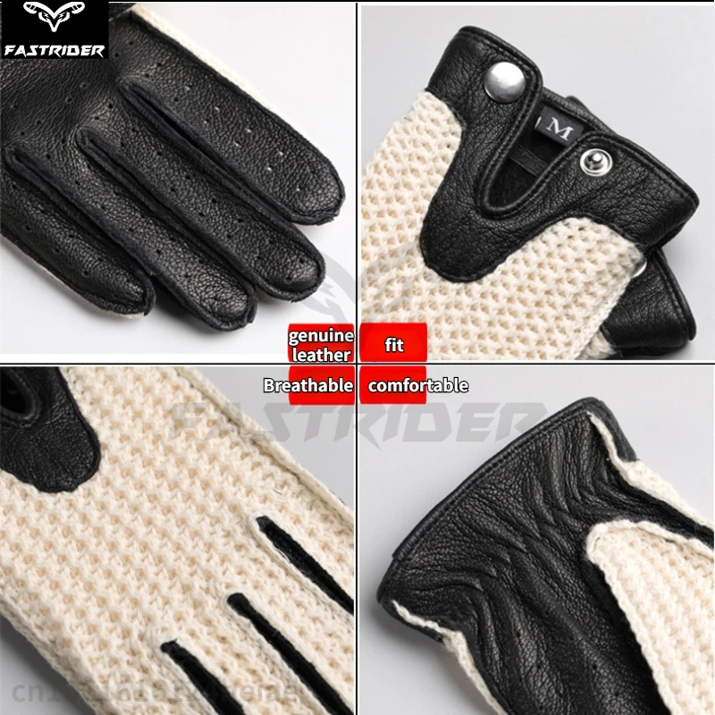 Retro Motorcycle Gloves for Men and Women Genuine Leather Knitted Mesh Touchscreen Breathable Leather Gloves for Drivers