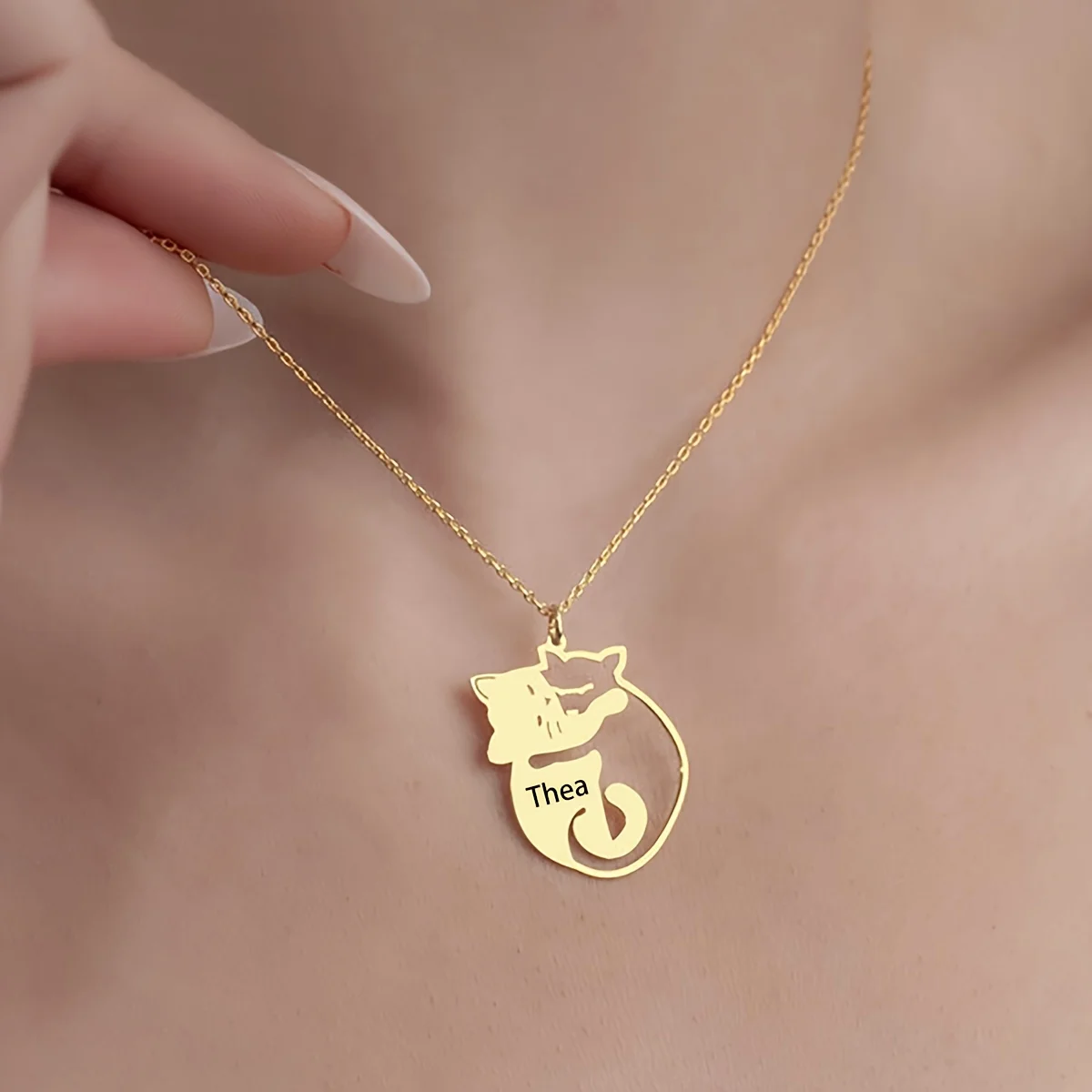 

Personalized Cat Necklace Engraved Two Cats Embrace Each Other Custom Name Jewelry Gift for Cat Lovers Women Stainless Steel