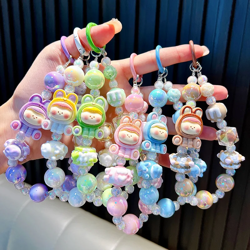 Creative Cartoon Acrylic Bead Keychain Cell Phone Charm Sweet Girl Wrist Strap Bracelet Earphone Case Bag Decoration Keyring