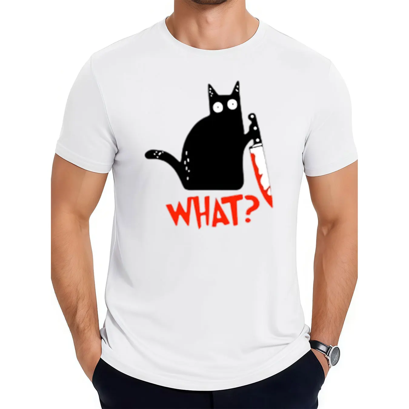 

Funny Knife Cat Cartoon Printed T-Shirt Men Fashion Casual Short Sleeves Loose Oversized Cotton Tshirt Summer Breathable Tees