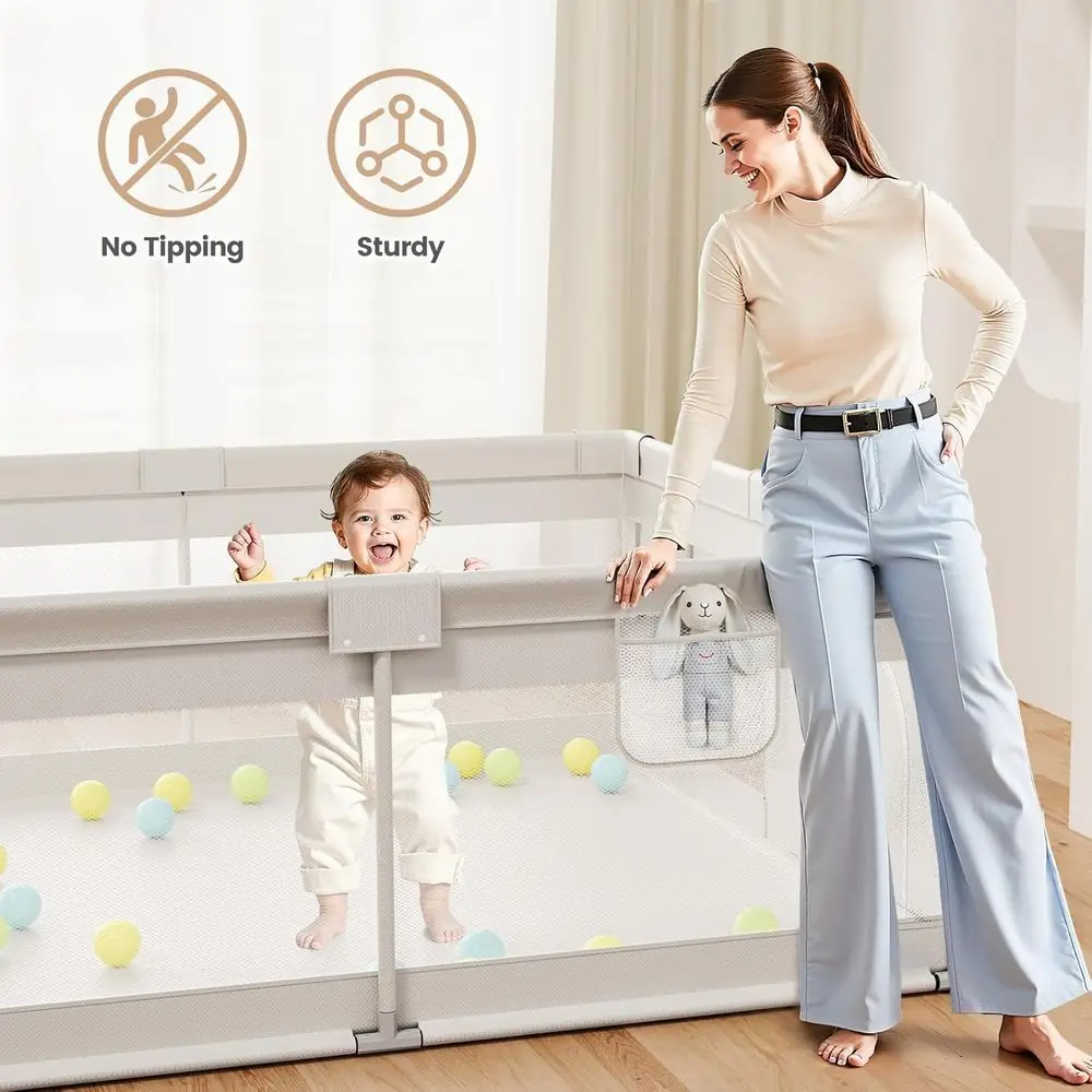 Cercadinho de bebê resistente cinza com portão, 69 x 59 pol., área de jogo interna para bebês e crianças pequenas