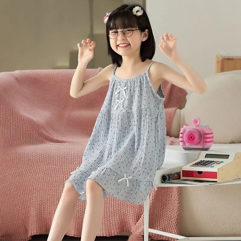 

2026 100% Cotton Girls Summer Nightgown Lightweight Princess Spaghetti Strap