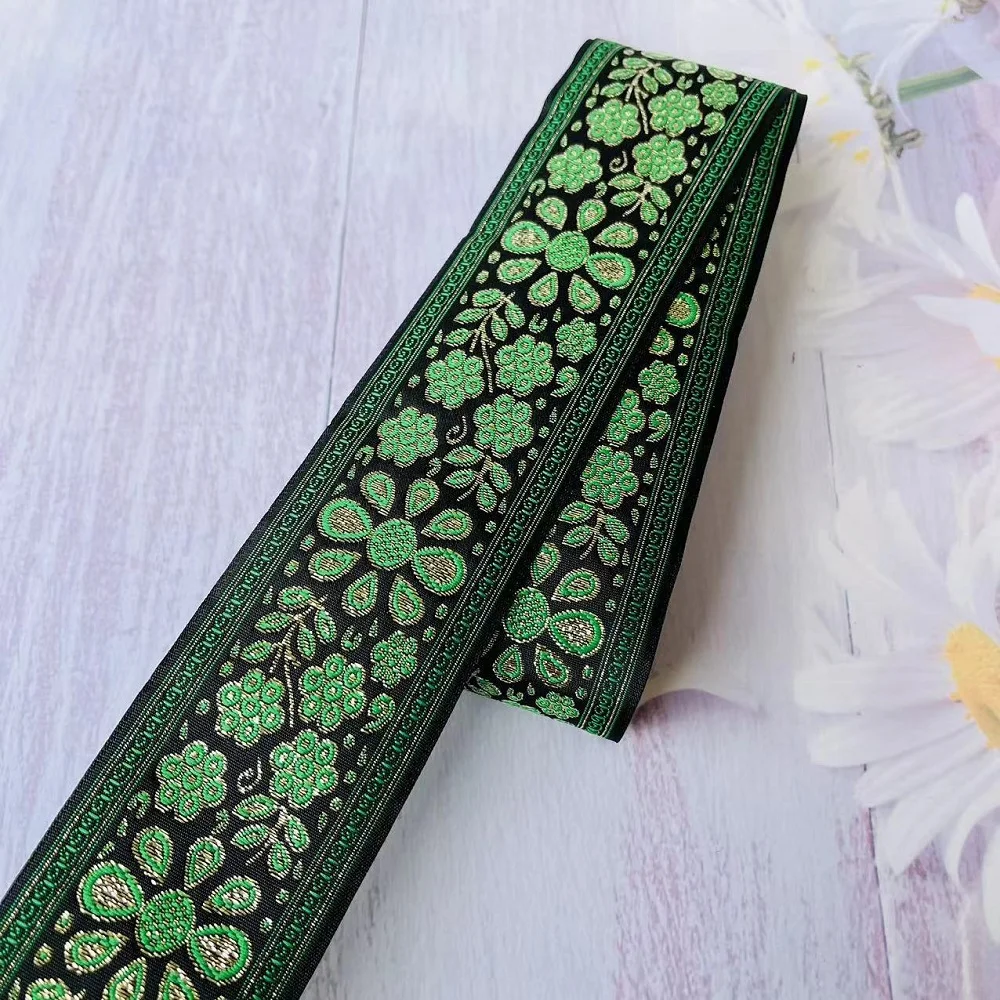 10yards/lots Woven Jacquard Ribbon 5cm  black background green flowers pattern IS-2934