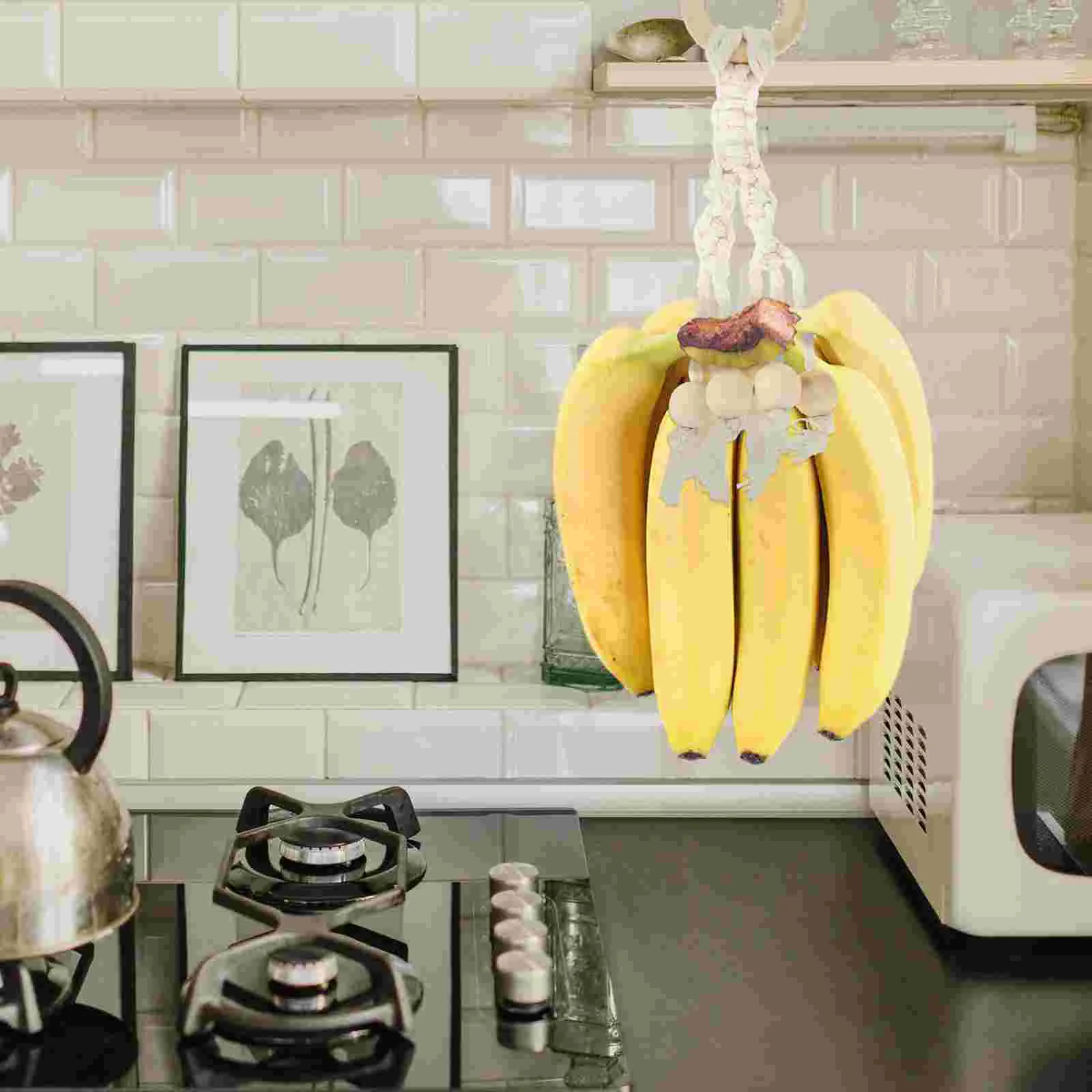 2 Pcs Banana Cotton Rope Lanyard Macrame Fruit Basket Hanging Holder Yellow under Cabinet Hanger Ripens Bananas