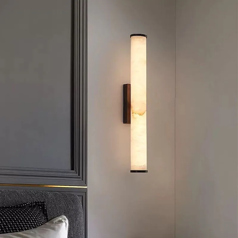 Modern Luxury Cylindrical Marble Wall Lamp Villa Living Room Background Bedroom Bedside High-End Copper Led Indoor Lighting