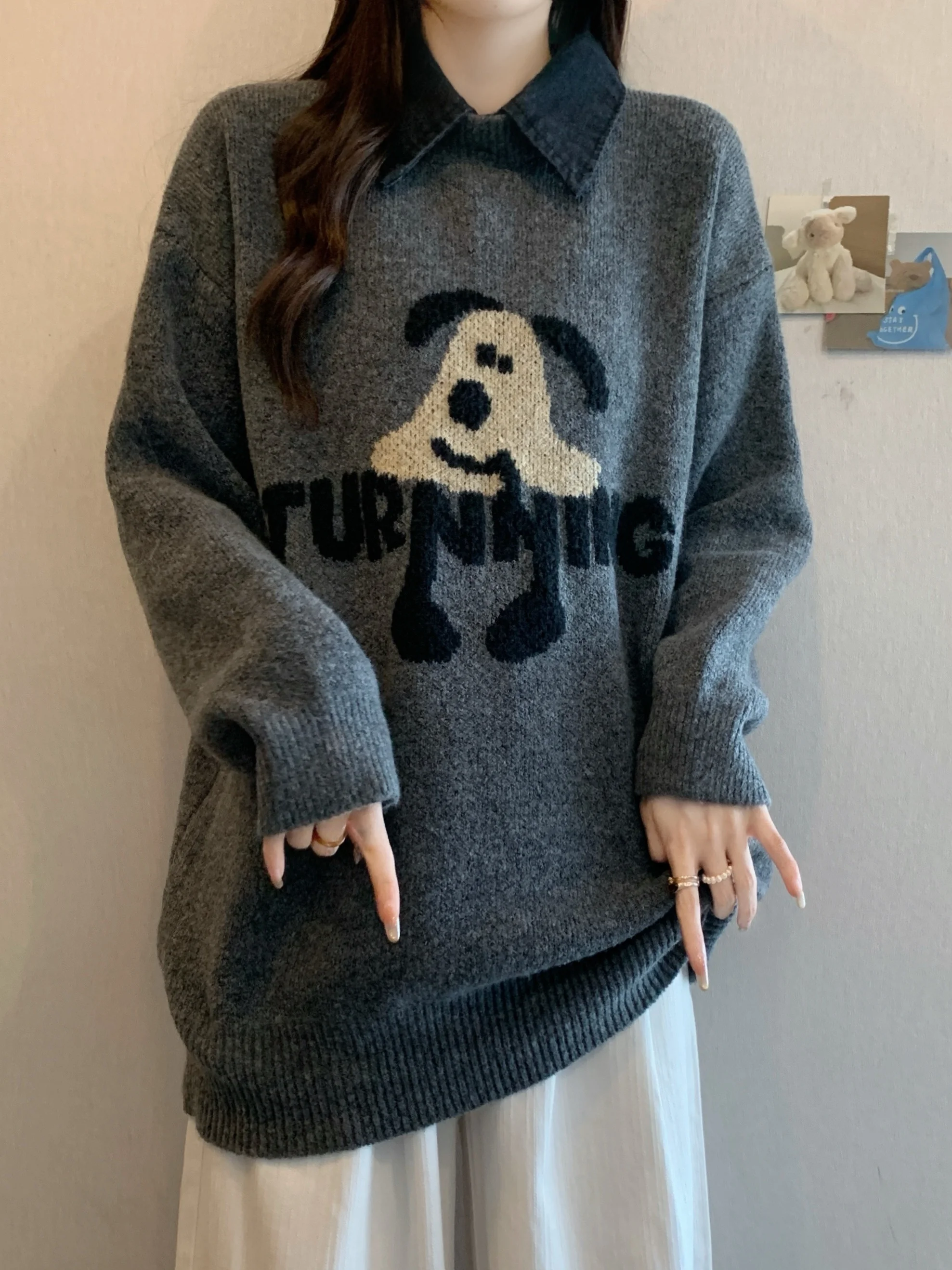 

plus Size Color Blo Ne Knitted Sweater Women's Loose Butt Covering Mid-Length Top Korean Sle Breathable Cotton