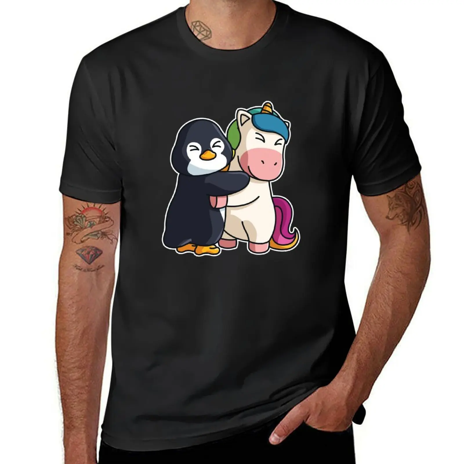 Penguin and Unicorn cute Hug Cuddle Animals T-Shirt quick-drying for a boy men t shirt