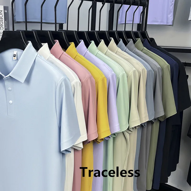 New Trendy Traceless Polo shirt Men's 2026 Summer Simple Solid Business Clothes Short Sleeve Anti-Wrinkle T-shirt No Trace Tops