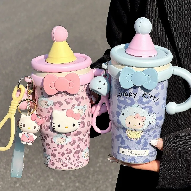 

Термос-брелок Sanrio Hello Kitty из нержавеющей стали SS316, вакуумная колба, кофейная кружка, термокружка для девочек с ручкой и трубочкой, с изоляцией, с рисунком леопарда